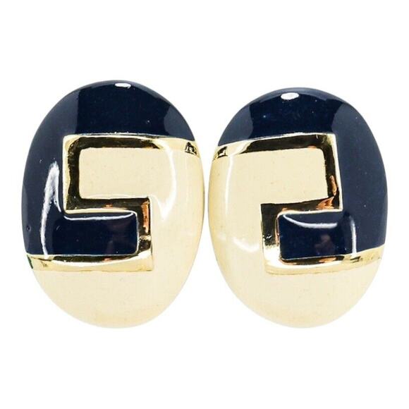 Vintage Donald Stannard Goldtone Cream Navy Enamel Clip On Earrings 90s 1 1/4 In - Picture 1 of 6